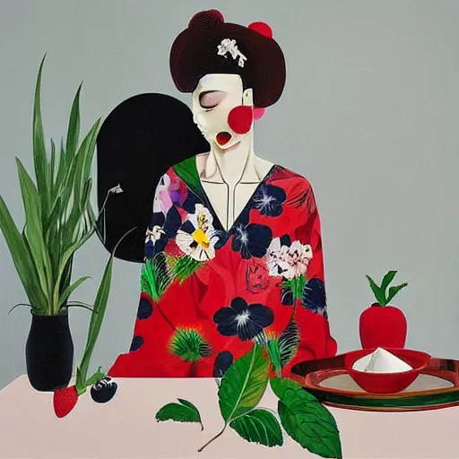 Prompt: “art in an Australian artist’s apartment, portrait of a woman wearing black silk cloth, eating luscious fresh raspberries and strawberries and blueberries, white wax, edible flowers, Japanese pottery, Australian native flowers ikebana, black walls, acrylic and spray paint and oilstick on canvas”