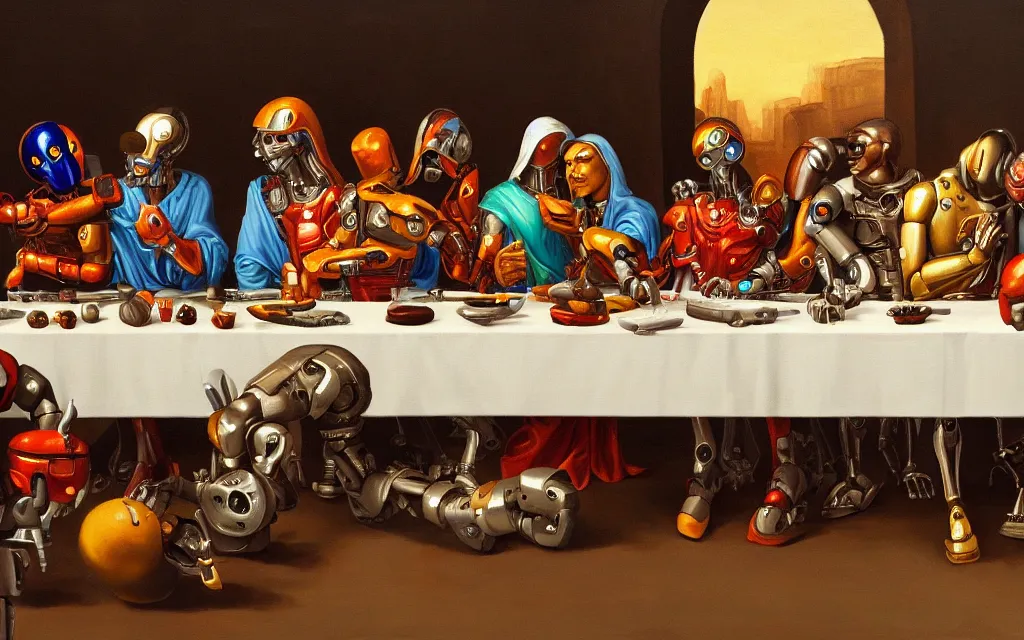 Prompt: last supper painting of various robots, cyborgs and androids