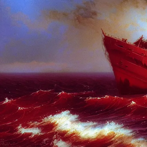 Image similar to bloody ocean, rusted iron ship sinking in red blood ocean, by Ivan Aivazovsky, junji ito, hd 8k