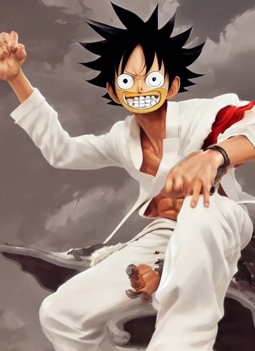 Image similar to a professional render of luffy wearing a white suit, concept art, sharp detail, smooth render, art style by Ruan Jia and Mandy Jurgens and Ian Spriggs and William-Adolphe Bouguerea