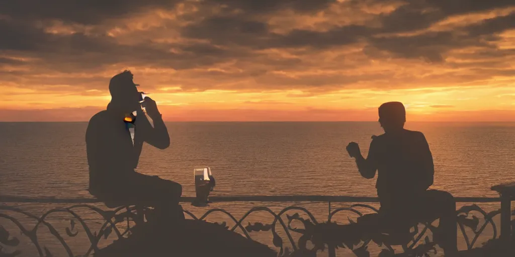 Image similar to cthulhu drinking his coffee while sitting on the balcony, sunset background, golden hour