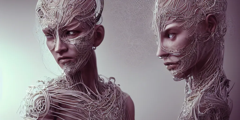 Prompt: realistic photography of a beautiful cyborg androgynous humanoid, holding close, soft glowing, intricate filigree, in the style of beth cavener, jin kagetsu, wlop, highly detailed, symmetry, masterpiece, concept art, ringflash, highkey lighting, ambient lighting, octane render, 8 k, artstation