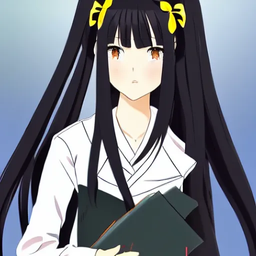 Image similar to beautiful and elegant Japanese schoolgirl with straight and long black hair in black high school uniform, anime style