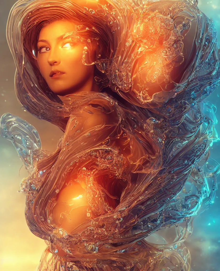 Image similar to close-up macro portrait of the face of a beautiful princess, epic angle and pose, symmetrical artwork, 3d with depth of field, blurred background, cybernetic jellyfish female face skull phoenix bird, translucent, nautilus, energy flows of water and fire. a highly detailed epic cinematic concept art CG render. made in Maya, Blender and Photoshop, octane render, excellent composition, cinematic dystopian brutalist atmosphere, dynamic dramatic cinematic lighting, aesthetic, very inspirational, arthouse. y Greg Rutkowski, Ilya Kuvshinov, WLOP, Stanley Artgerm Lau, Ruan Jia and Fenghua Zhong