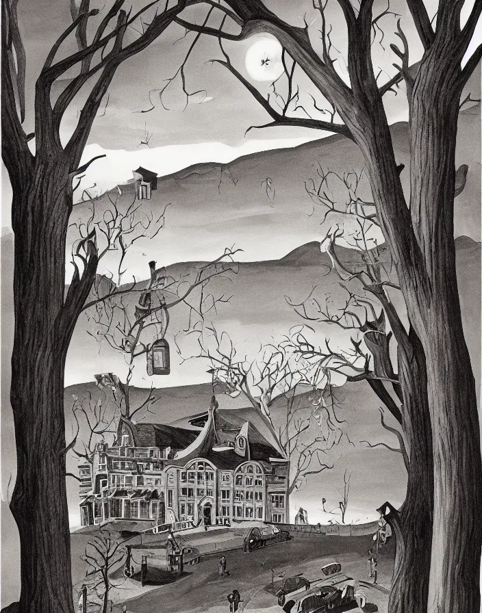 Image similar to a building in a stunning landscape by Charles Addams