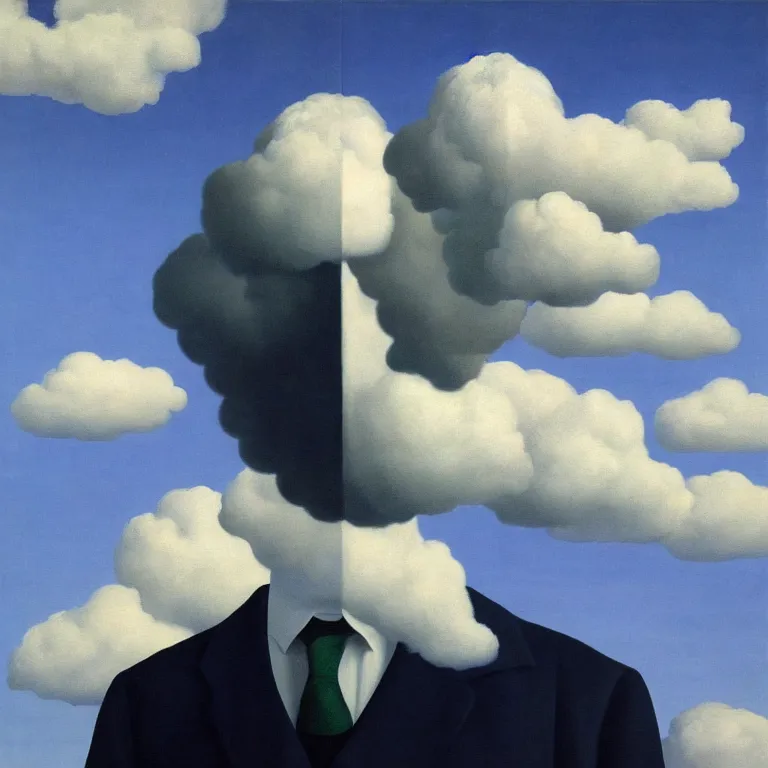 Image similar to cloud - man, by rene magritte, centered, detailed painting, hd, hq, high resolution, high detail, 4 k, 8 k