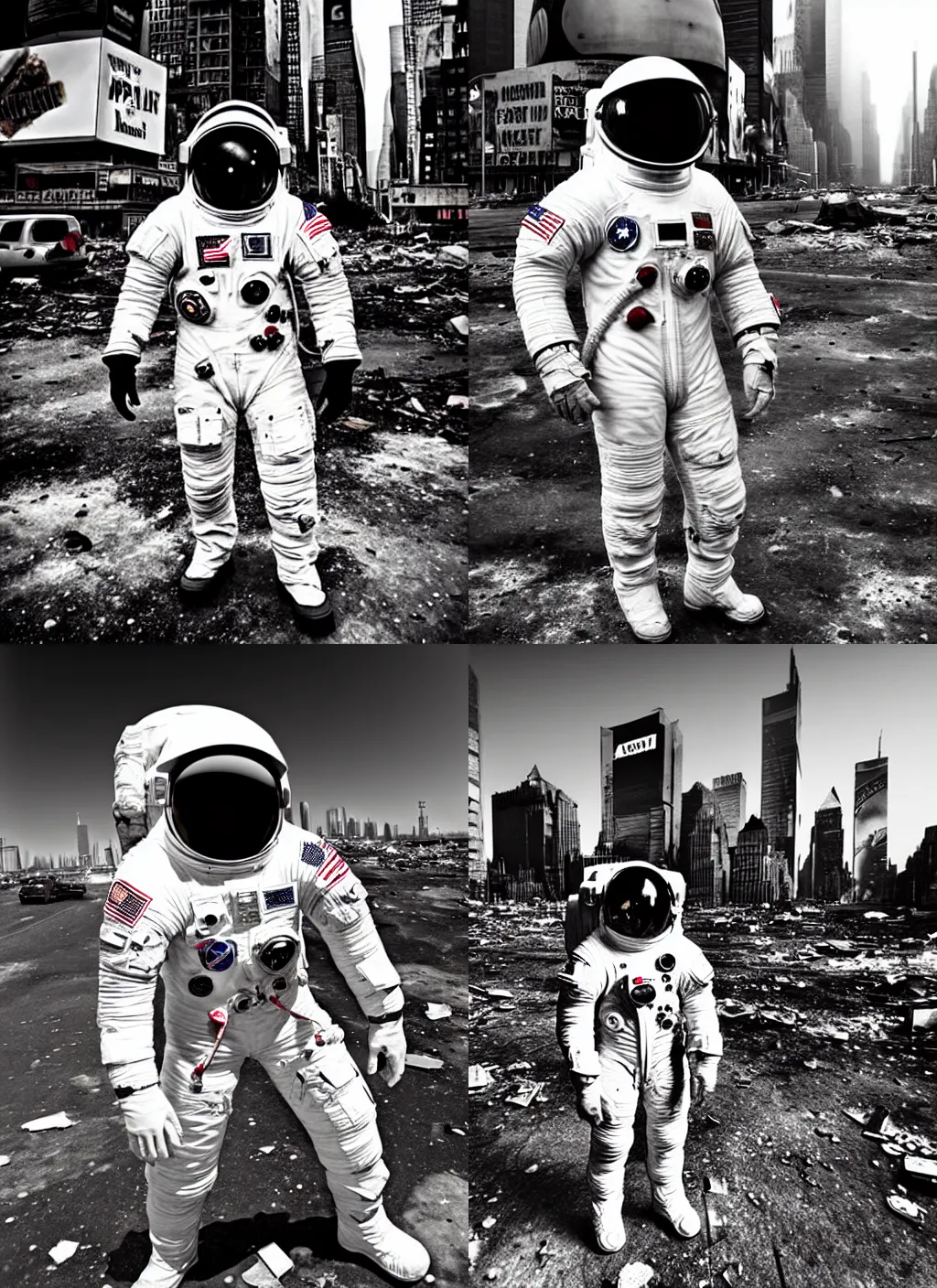 Prompt: american white spacesuit astronaut with oversized helmet in postapocalyptic abandoned destroyed times square, destroyed buildings, destroyed flippde cars, giant crater in distance, heavy vignette!, specks, dirty, stains, dramatic dark, grayscale 1 9 0 0 s picture