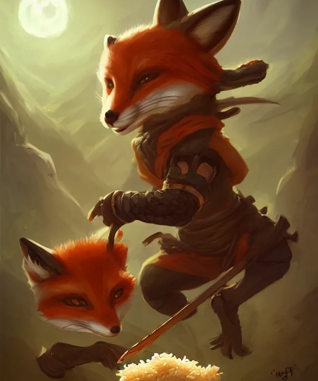 Image similar to a portrait of an anthropomorphic ninja fox eating a rice ball, ninja outfit, landscape background, cute and adorable, dnd character art portrait, well rendered matte fantasy painting, deviantart artstation, by jason felix by steve argyle by tyler jacobson by peter mohrbacher, cinematic lighting