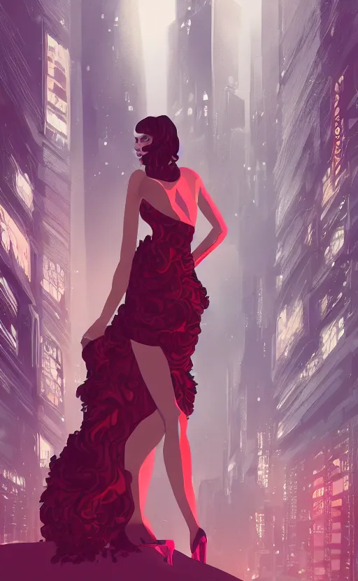 Prompt: a stylized portrait of a beautiful woman wearing a cocktail dress, with long hair, in a futuristic blade runner city, illustration art by Sam Yang, 8K