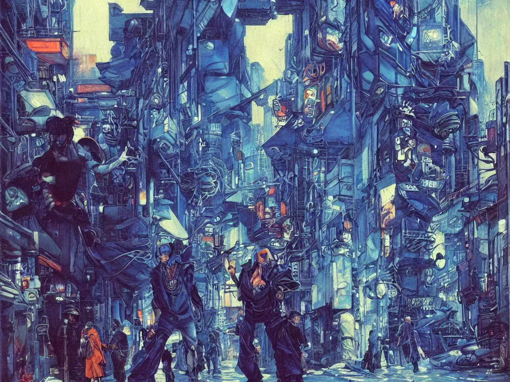 Prompt: a cyberpunk gang in the alleyway between art deco buildings, graffiti, fine detail, intricate, polished, blue color scheme, digital art, illustration, impressionist, by george luks and noriyoshi ohrai