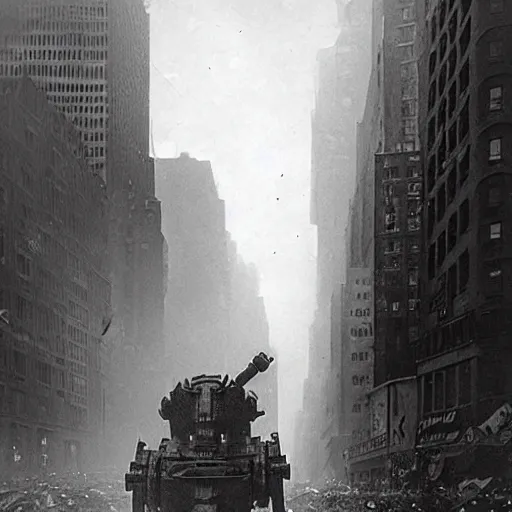 Image similar to old black and white photo, 1 9 1 3, depicting a dieselpunk giant robot mech rampaging through the bustling streets of new york city, historical record, volumetric fog