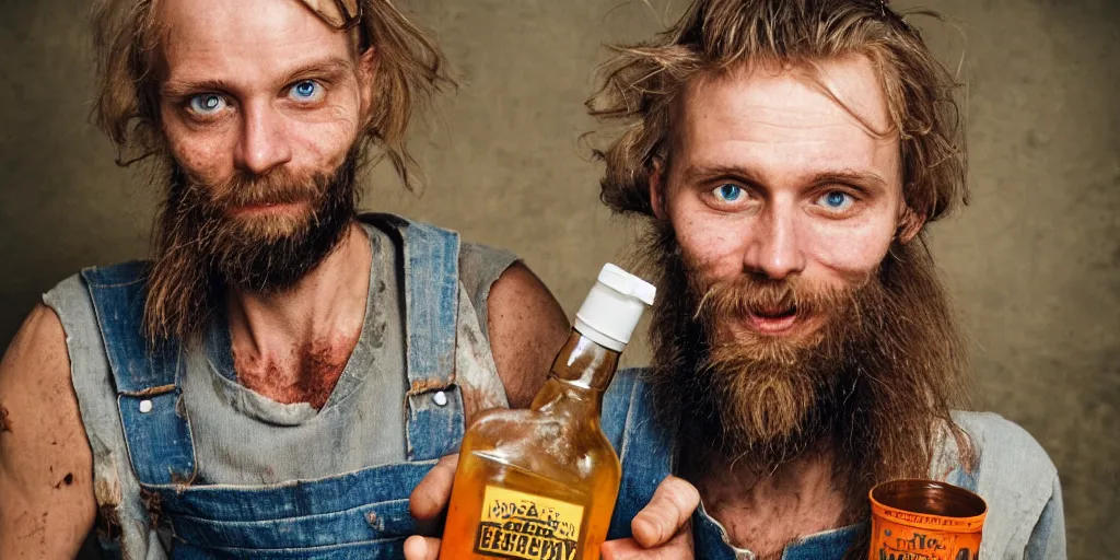 Image similar to extremely skinny malnourished redneck white male with long beard, wearing dirty overalls, dirty greasy face, grin, portrait, close up, he is proudly holding a jug of whiskey, kodak gold 2 0 0, 5 0 mm