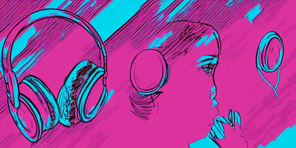 Prompt: “a closeup of a female face with headphones in retro colors, synthwave style, 2d digital vector art”