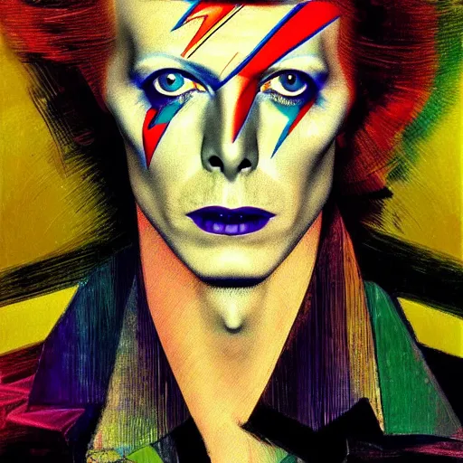 Prompt: beautiful portrait of David Bowie, impressive colorful artwork, many details, high contrast, 4K, by Harry Clarke, Ilya Kuvshinov, James Abbott McNeill Whistler