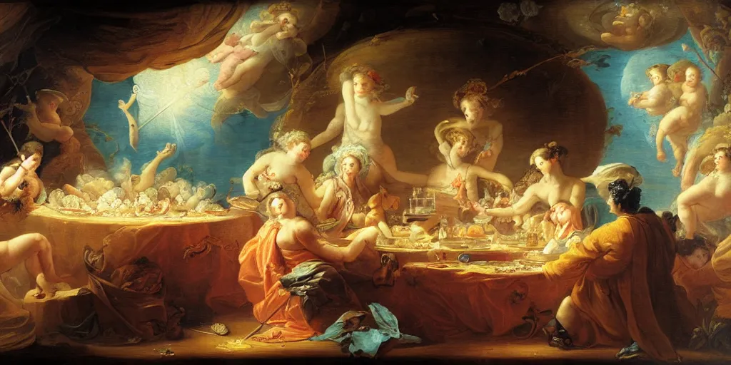 Image similar to Eating hot pot in the space station with Saturn outside the round window, in style of Jean-Honore Fragonard, surrealist