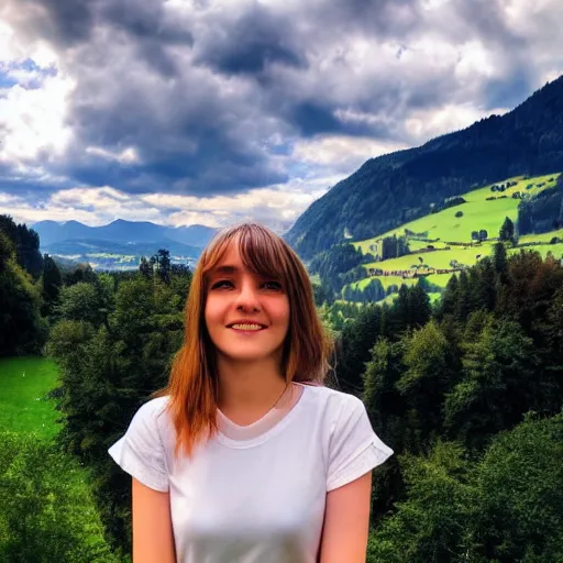 Image similar to a beautiful photograph of a girl with switzerland landscape in the background with trees, hdr, 8 k, high quality, sharp focus, artstation, highly detailed, award - winning, dramatic lighting, beautiful clouds, and nature