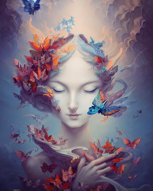 Prompt: intricately detailed porcelain carved chrysalis, explosion of butterflies, fantasy pop surrealism by peter mohrbacher, james jean, alena aenami