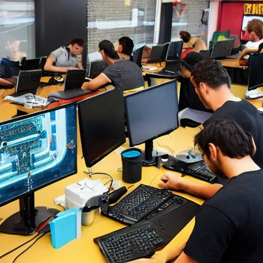 Prompt: a photograph of many video game developers working hard to finish a game