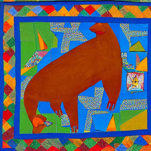 Prompt: folk art quilt with a capybara pattern, museum of modern art, new york