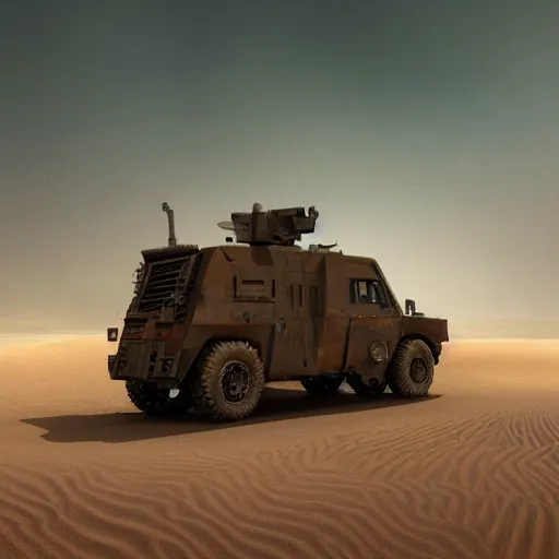 Image similar to armored vehicle in the dunes of desert by Paul Chadeisson, atmospherical, high detail, sci-fi, cinematic, Artstation trending, octane render