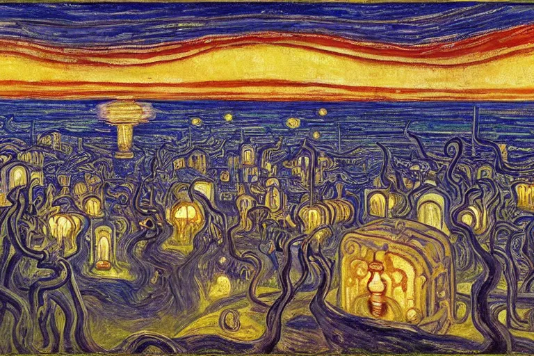 Image similar to lovecraftian antikythera city, ancient babylonian, sumerian dream festival, japanese lantern festival, oil painting by edvard munch, mc escher, stanislaw beksinski, makoto shinkai, jim woodring, aldemir martins, nicholas roerich, van gogh