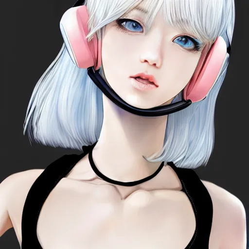 Image similar to realistic detailed semirealism beautiful gorgeous natural cute excited happy Blackpink Lalisa Manoban white hair white cat ears blue eyes, wearing black camisole outfit, headphones, black leather choker artwork drawn full HD 4K high resolution quality artstyle professional artists WLOP, Aztodio, Taejune Kim, Guweiz, Pixiv, Instagram, Artstation