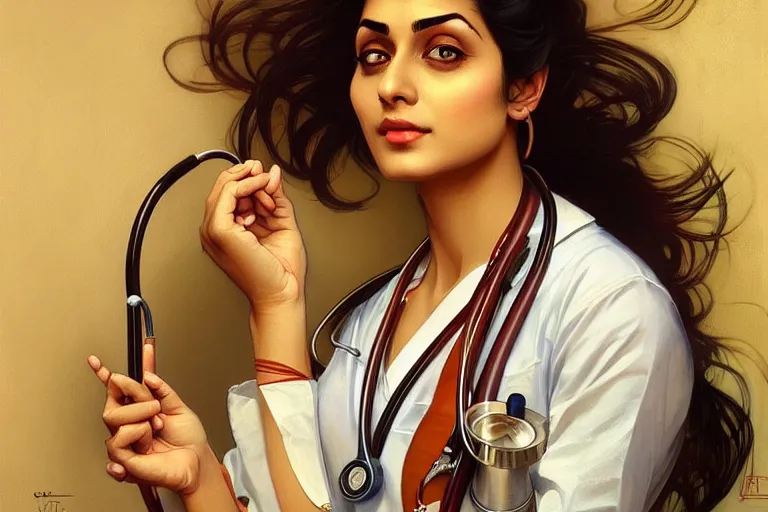 Image similar to sensual pale beautiful indian doctor in jeans with stethoscope, art deco portrait, elegant, intricate, digital painting, artstation, concept art, smooth, sharp focus, illustration, art by artgerm and greg rutkowski and alphonse mucha