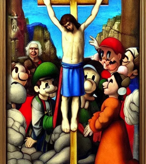 Image similar to mond crucifixion by raphael with mario!!!!!! and luigi!!!!!, nintendo
