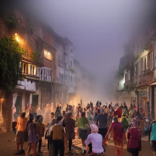 Image similar to a village full of happy people dancing in the streets but in the background is an eerie fog, eerie, foggy, solemn, hd, 4 k