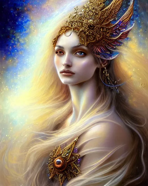 Prompt: portrait of a beautiful celestial goddess, unusual beauty, esoteric, muted celestial colors, head in focus, fantasy art, ornamental aesthetics intricate, elegant, highly detailed, hyperrealistic painting, artstation, concept art, painterly, sharp focus, iart by lois royo