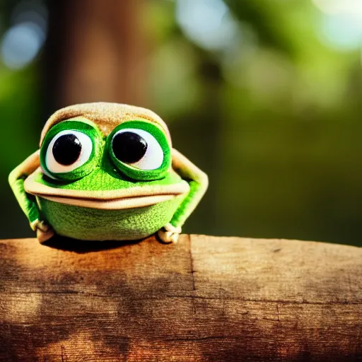 Image similar to baby pepe the frog wearing a very very small sombrero, sitting on a log, pixar, disney, dynamic lighting, bokeh