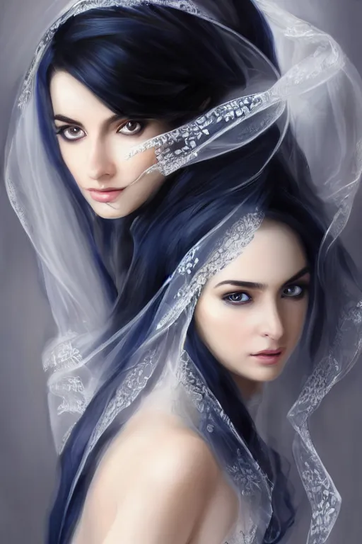 Image similar to Ameera al-Taweel, blue eyes, long wavy black hair, white veil, closeup, focus face, elegant, highly detailed, centered, digital painting, artstation, concept art