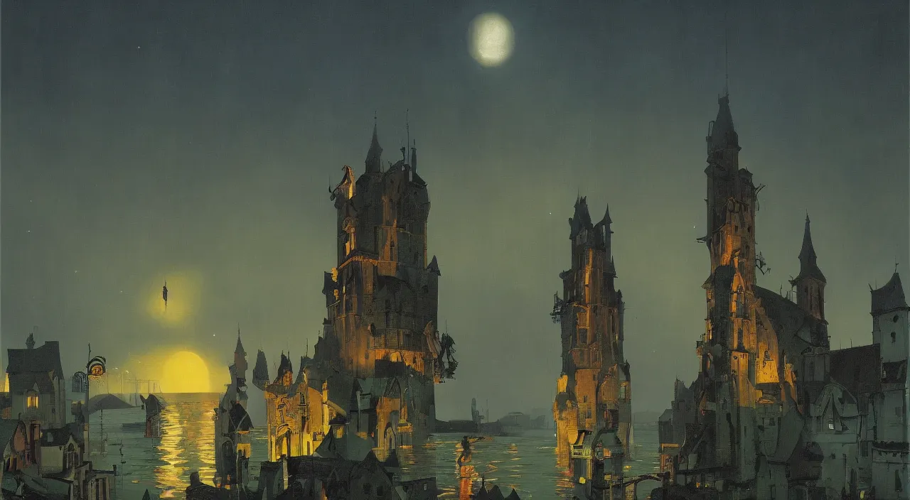 Prompt: a high contrast painting of a flooded ancient tower at night by simon stalenhag carl spitzweg edward hopper roger dean jan van eyck audubon rene magritte max ernst, full-length view, highly detailed, vibrant colors, extremely high contrast!, symmetry, great composition, high detail, cinematic lighting, award winning masterpiece, trending on artstation