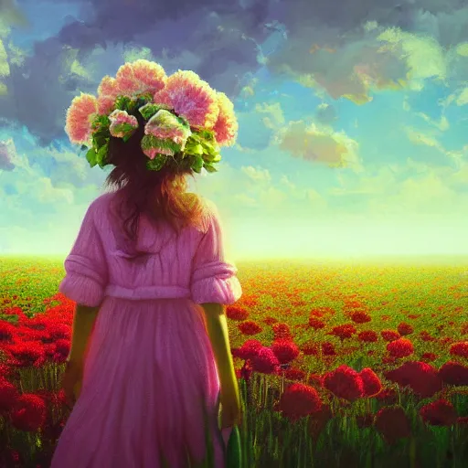 Image similar to head of carnations flower, girl walking in a flower field, surreal photography, sunrise dramatic light, impressionist painting, colorful clouds, digital painting, artstation, simon stalenhag, flower face