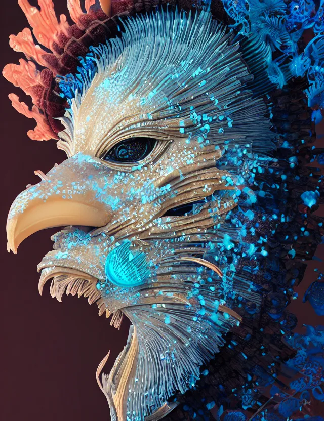 Image similar to 3 d shaman close - up profile portrait. beautiful intricately detailed japanese crow kitsune mask and clasical japanese kimono. betta fish, jellyfish phoenix, bio luminescent, plasma, ice, water, wind, creature, artwork by tooth wu and wlop and beeple and greg rutkowski