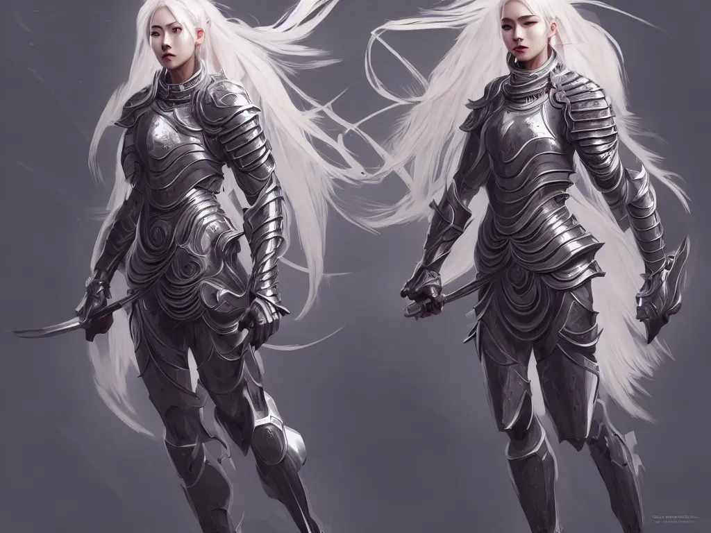 Image similar to portrait full body shot hero action pose of futuristic light grey hair female knights of zodiac, abstract chinese dragon concept art, temple, d & d, highly detailed, digital painting, artstation, sharp focus, illustration, art by tan zi and ayanamikodon and alphonse mucha and wlop