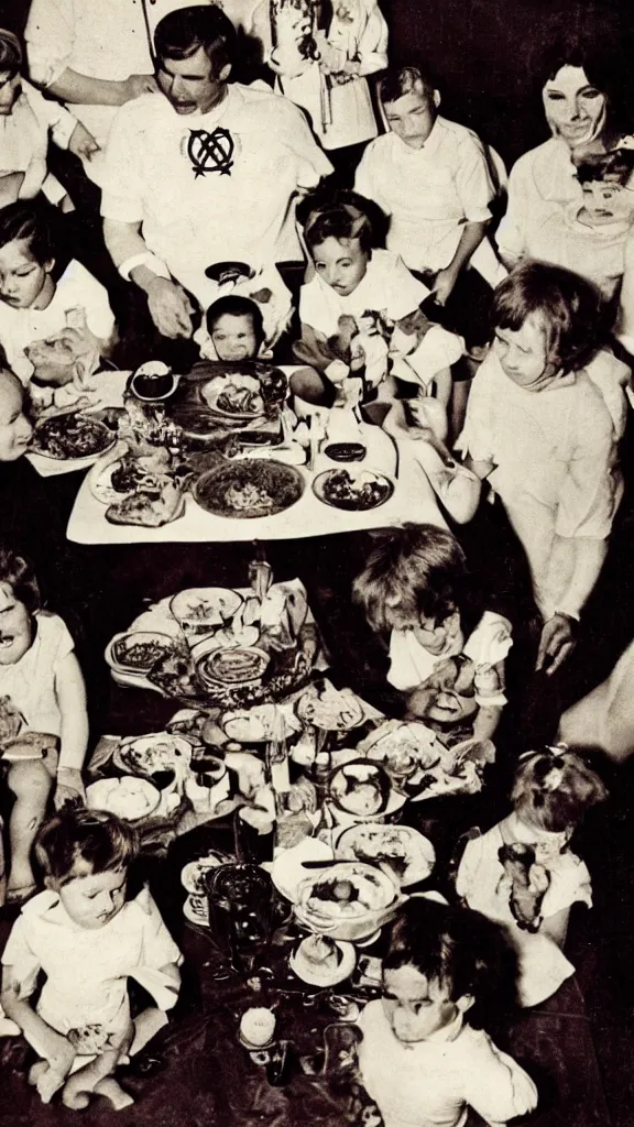 Prompt: occult satanic food ritual, family photo, 1 9 6 0 s, kodachrome