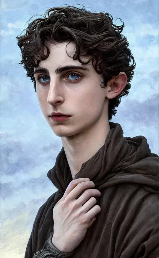 Image similar to beautiful paul atreides timothee chalamet with a three day beard, emperor of the known universe, completely blue eyes, perfect dramatic and dark portrait insanely detailed, concept art, deep focus, intricate, highly detailed, digital painting, artstation, matte, sharp focus, illustration, art by greg rutkowski and alphonse mucha, low angle, dominant eye