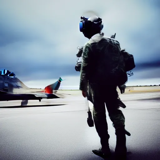 Prompt: “Fighter pilot wearing a VR headset walking away from a military airplane while a busy airbase is in the background, gritty, cinematic, dark tones”
