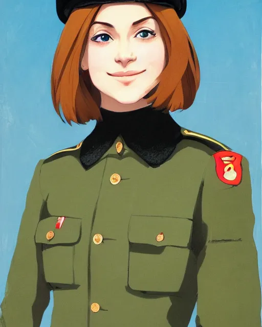 Prompt: portrait of young woman with light brown hair and hazel eyes dressed in a sharp dark teal military uniform with beret, smiling, ilya kuvshinov, anime