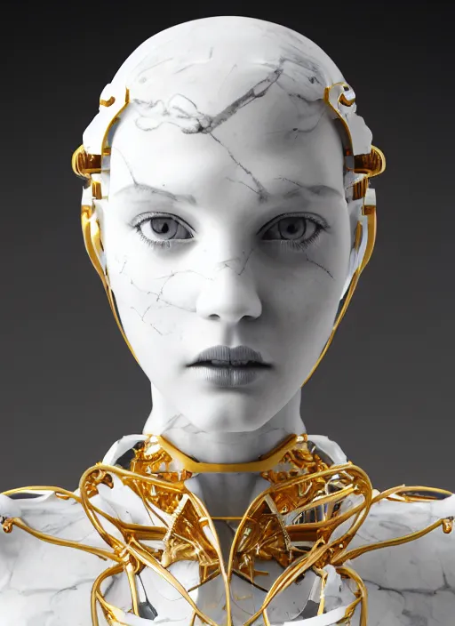 Image similar to a statue made of white marble with gold veins, of an beautiful gorgeous futuristic cybernetic angel girl, prostheses, transhumanism, full body shot, perfect symmetrical body, perfect symmetrical face, hyper realistic, hyper detailed, by johannen voss, by peter kemp, by monia merlo, by michelangelo, octane render, blender, 8 k