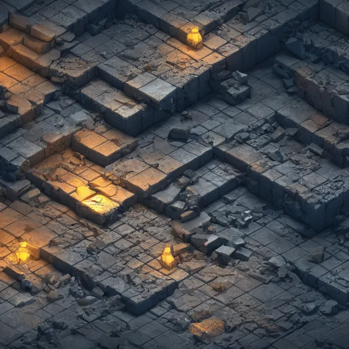 Image similar to isometric view of a dimly lit dungeon, broken tiles and debris, a 3 d render by paul kelpe, cgsociety contest winner, volumetric lighting, cinematic lighting, isometric