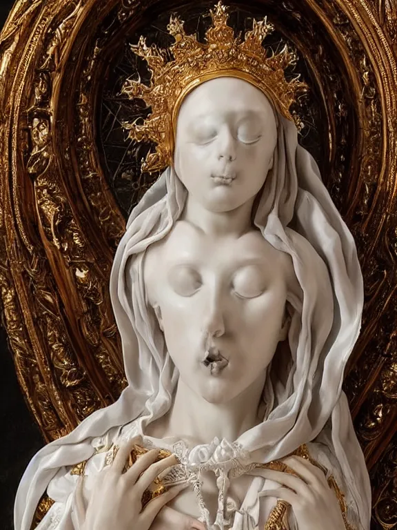 Prompt: a beautiful render of baroque catholic veiled sculpture, the red queen pieta the white queen, with symmetry intricate detailed,by LEdmund Leighton, peter gric,aaron horkey,Billelis,trending on pinterest,hyperreal,jewelry,gold,intricate,maximalist,glittering,golden ratio,cinematic lighting