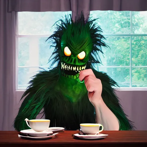 Prompt: my sleep paralysis demon having tea with the monster that lives under my bed, candid photograph