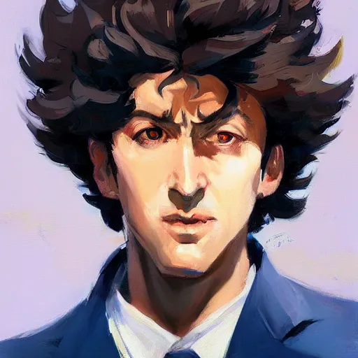Image similar to greg manchess portrait painting of spike spiegel as overwatch character, totally whack, medium shot, asymmetrical, profile picture, organic painting, sunny day, matte painting, bold shapes, hard edges, street art, trending on artstation, by huang guangjian and gil elvgren and sachin teng