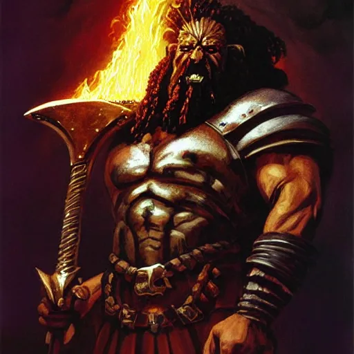 Image similar to head and shoulders portrait of a black helmed fire giant with a beard of fire and a giant sword, d & d, fantasy, greg rutkowski, frank frazetta, alexandre chaudret, boris vallejo, michael whelan, miro petrov, hr giger, magali villeneuve, donato giancola