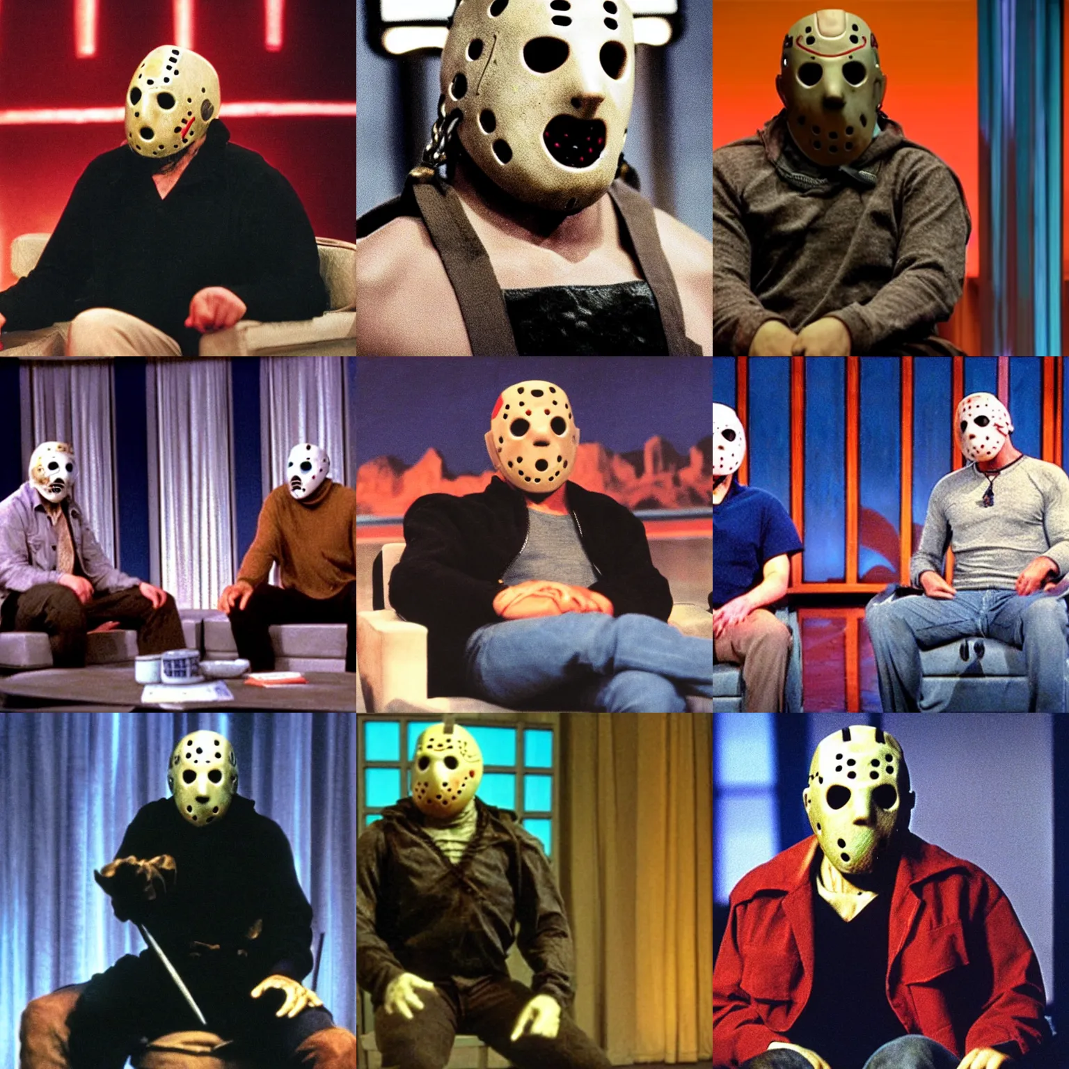 Prompt: still photo of jason voorhees as a late night talk show guest