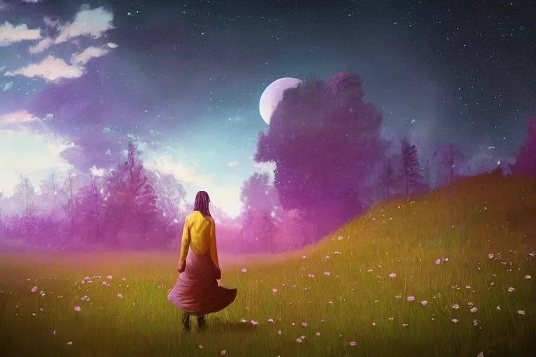 Image similar to giant daisy flower over head, girl walking in spirit forest, surreal photography, dark night, stars, moon light, impressionist painting, clouds, digital painting, artstation, simon stalenhag