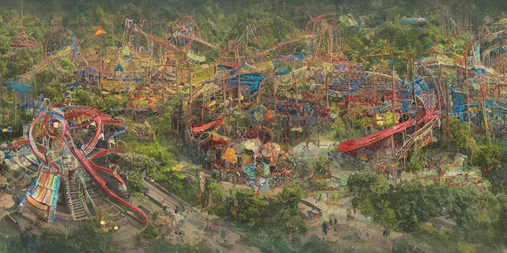 Prompt: abandoned amusement park overview mapa design, Moebius, Greg Rutkowski, Zabrocki, Karlkka, Jayison Devadas, Phuoc Quan, trending on Artstation, 8K, ultra wide angle, pincushion lens effect