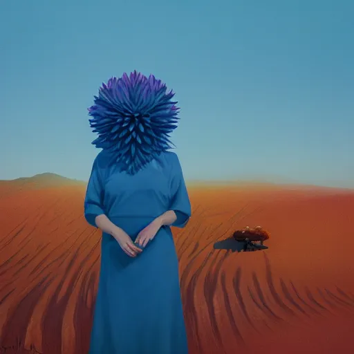 Prompt: portrait, giant purple dahlia flower head, woman between dunes, surreal photography, sunrise, blue sky, dramatic light, impressionist painting, digital painting, artstation, simon stalenhag